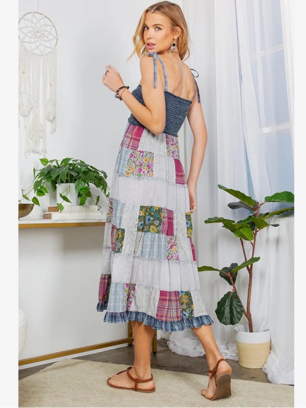 NWT Young Threads Patchwork Boho Smocked Midi Dress Blue Floral Cottagecore Fes - Picture 16 of 16